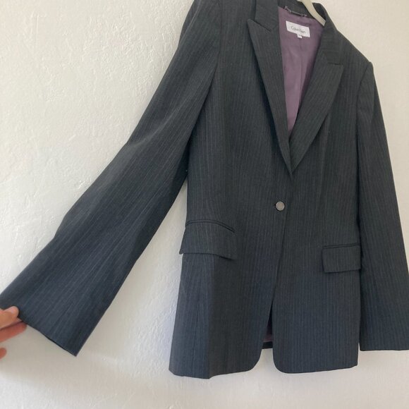 Calvin Klein Wool Blend Black Pinstripe Blazer Office Classic Minimalist Size 14 - Picture 5 of 14